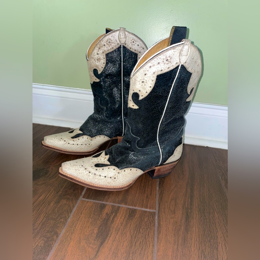 Justin Boho Western Black &Cream Cowgirl Crackle Leather Boots 8.5B